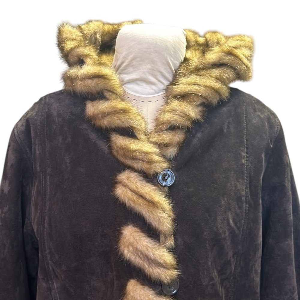 NWOT Vintage Dennis Basso Penny Lane Brown Leather Woven Faux‎ Fur Coat L - Picture 5 of 14